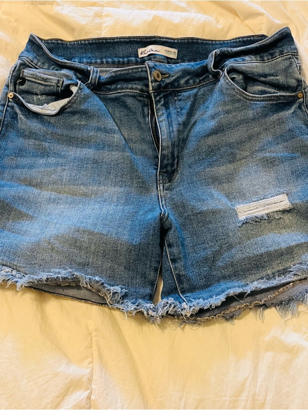 KanCan Mid-Blue Distressed Denim Shorts with Frayed Hem